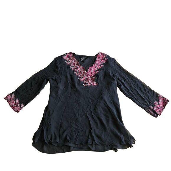 Silkland womens Sz 3X silk floral embroidered trim tunic blouse - Picture 1 of 6
